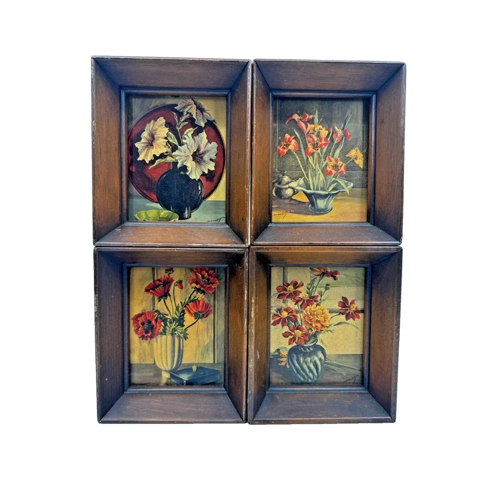 Lockhardt Floral Prints Vintage Wooden Framed Set of 4 Small Artworks 5x6 Each